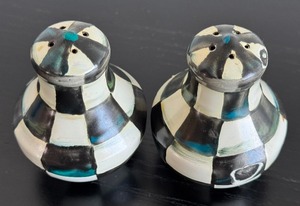 lot 57 image: Pair of Enamel Courtly Check Mackenzie Childs Salt and Pepper Shakers
