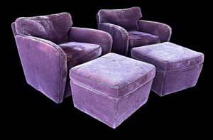 lot 78 image: Pair of Upholstered Purple Chairs with Ottomans by Preview  For Reupholstery