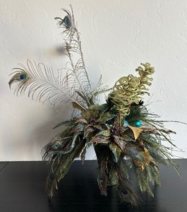 lot 111 image: Beautiful Centerpiece with Peacock Feather Accents