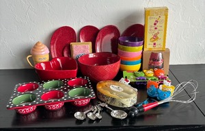 lot 141 image: Fun, Whimsical Kitchen Items A Variety of Colorful Plates, Bowls, Pier 1 Muffin Tin, Mickey Mouse Motif Whisk and More