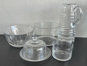 lot 197 image: Crystal and Clear Glass Bowls, Pitcher and Covered Cheese  Butter Dish