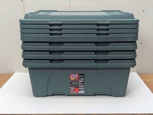 lot 41 image: Set of 4 Hefty 12gal Max Pro Tote - Green Base  Lid with Black Latch & Silver Foil Stackable, Lidded, Built-In Handles
