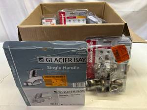 lot 37 image: Box of Door Knobs(Keyed & Unkeyed) & Glacier Bay Faucet