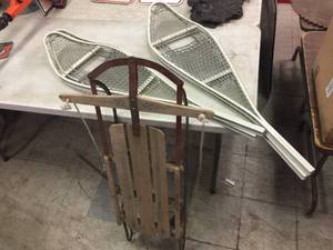 lot 325 image: 2 Pair Military Type Snowshoes & Vintage Runner Sled