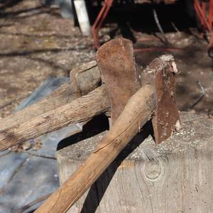 lot 29 image: 3 Vintage axes - one of them is a broadhead