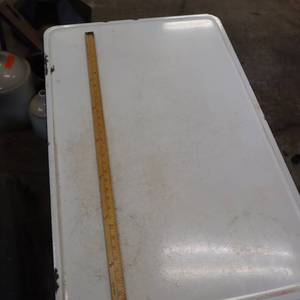lot 39 image: Vintage Enamel Top Table with wooden base, aka bread table for rolling dough
