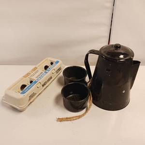 lot 19 image: Enamel Coffee Pot with Matching Cups