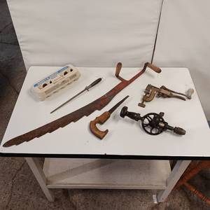 lot 49 image: Vintage Double Gear Hand Drill & Other Hand Tools