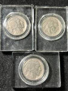 lot 21 image: 3 US BUFFALO NICKELS IN GLASS CASES