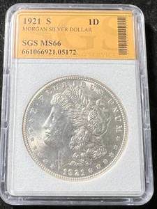 lot 25 image: 1921-S US MORGAN SILVER DOLLAR SGS MS66