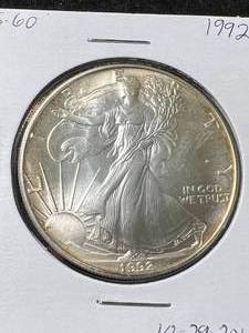 lot 35 image: 1992 AMERICAN SILVER EAGLE 1 TROY OZ .999 FINE SILVER