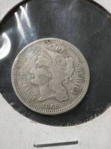lot 57 image: 1865 US 3 CENT NICKEL