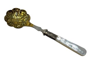 lot 11E image: Vintage Embossed English Sheffield Berry Spoon  Sheffield England Scalloped Berry Server EPNS Silver and Gold Wash