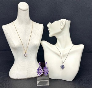 lot 14G image: Vintage Stauer Tanzanite and Opal Sterling Necklace, Sterling Silver Tanzanite Necklace & Pair of Purple Rhinestone Dazzling Earrings