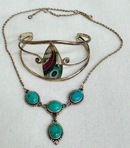 lot 40G image: Vintage Turquoise and Sterling Silver Necklace and Vintage Mexico Sterling Bracelet