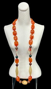 lot 31G image: Vintage Hand Knotted Carnelian Agate Beaded Necklace with Silver Clasp