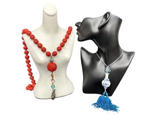 lot 30G image: Vintage Chinese Cinnabar Beaded Necklace & Chinese Porcelain Pendant Tassel Necklace