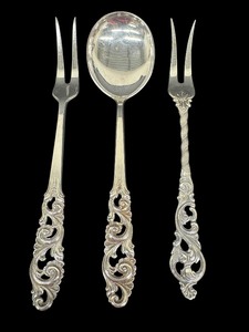 lot 17E image: Vintage Norwegian Sterling Silver Brdrene Mylius Tele Pattern Serving Forks and Spoon