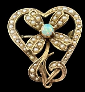 lot 5R image: Antique 14k Opal and Seed Pearl Heart Shaped Brooch  Pin
