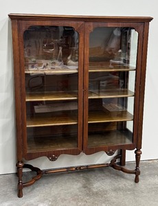 lot 4B image: Antique Wooden Glass Front Double Door Cabinet  Antique William and Mary Style China Cabinet