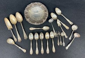 lot 11B image: Assortment of Antique Silver Plated Flatware and a Silver Plated Footed Candy Dish