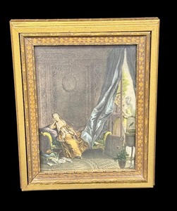 lot 18B image: Antique Wood Dresser Box  Victorian Lithograph Jewelry Box with Mirror