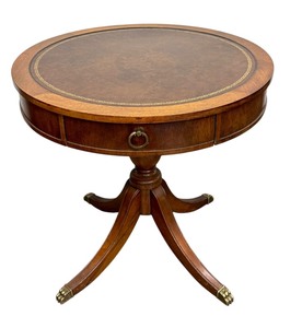 lot 25H image: Antique Chesterfield Style Mahogany Drum Table with Leather Inlaid Top  Antique English Leather Top Mahogany Round Side Table