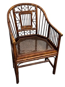lot 13H image: Vintage Chinoiserie Burnt Rattan Bamboo Cane Seat Split Reed Armchair