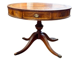 lot 36H image: Vintage Circular Drum Table with Leather Inlaid Top