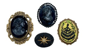lot 25B image: Antique Black Jet Glass Cameo Brooch Mourning Style, Silhouette Brooch and More