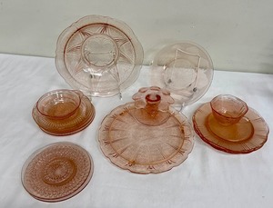lot 23M image: Assorted Vintage Pink Depression Glassware including a Vintage Jeannette Cherry Blossom Cake Platter