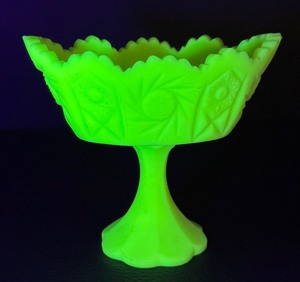 lot 5S image: Vintage Fenton Uranium Green Satin Glass Pedestal Footed Compote