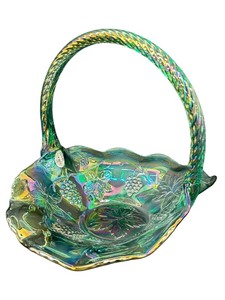 lot 34S image: Vintage Fenton Green Iridescent Leaves and Grape Design Glass Basket
