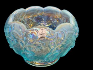 lot 3S image: Vintage Fenton Blue Lily of Valley Misty Blue Opalescent Iridized Glass Rose Bowl