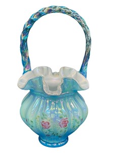lot 4S image: Vintage Fenton Blue Iridescent Cased Melon Ribbed Hand Painted Basket Hand Signed by Bill Fenton