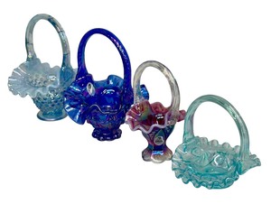 lot 18S image: Vintage Four Vintage Fenton Glass Baskets including a Vintage Cobalt Blue Glass Fenton Basket