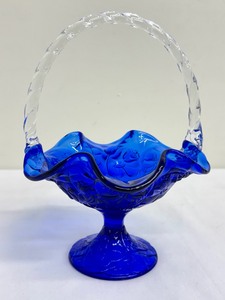 lot 10S image: Cobalt 95th Anniversary Blue Fenton Glass Basket with Clear Twisted Handle and Ruffle Edge