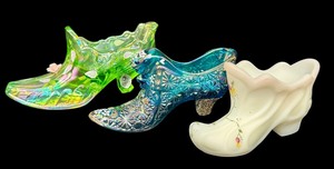 lot 52S image: Three Collectible Fenton Shoe Figurines including a Fenton Glass Carnival Daisy Button Teal Blue Shoe Figurine
