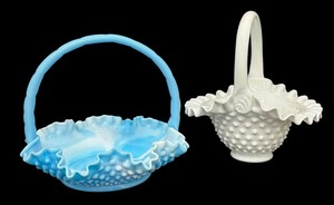lot 51S image: Vintage Fenton Blue White Slag Glass Ruffled Hobnail Crimped Handle Basket and Vintage Fenton Hobnail Milk Glass Basket