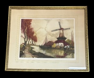 lot 74KB image: Vintage The River in Flanders Framed Colored Etching by Julien Van Santen