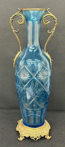 lot 80T image: Antique Brass Accented Blue Cut to Clear Vase