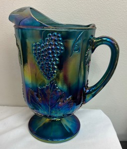 lot 75C image: Vintage Indiana Glass Blue Carnival Glass Pedestal Pitcher in Harvest Grape Pattern