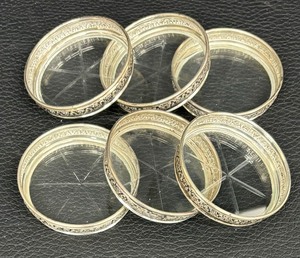 lot 72P image: Set of Six Vintage Sterling Silver Rimmed Coasters by Birks
