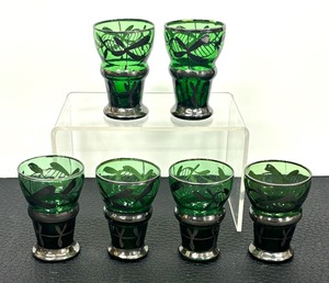 lot 115B image: Set of Six Vintage Bohemian Emerald Green Cordial Glasses
