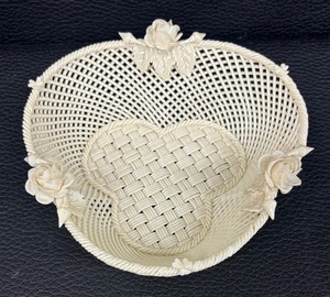 lot 97B image: Vintage Belleek Irish Porcelain Intricate Basket Weave w Roses