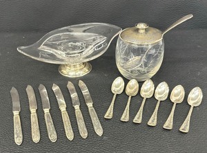 lot 109B image: Vintage Spreaders, Spoons, Sterling Silver and Glass Divided Dish, Sterling Silver Lidded Etched Glass Sugar or Jam Jar  Dish