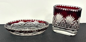 lot 112B image: Vintage Bohemian Crystal Ruby Cut to Clear Toothpick Holder and Soap Dish