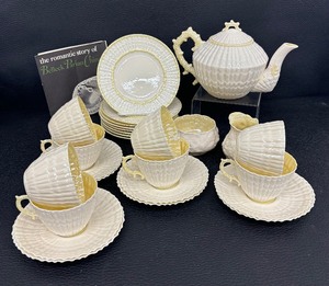 lot 53B image: Belleek Limpet Teapot, Cups and Saucers & Belleek Lotus Cream and Sugar Set