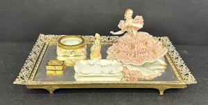 lot 122B image: Antique Wave Crest Trinket Dish, Vintage Vanity Mirror, Figurines, Trinket Box and More