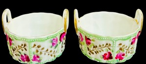 lot 117B image: Pair of Vintage Open Salt Cellars  Porcelain Dip Dish  Basket Pink Roses Floral Painted